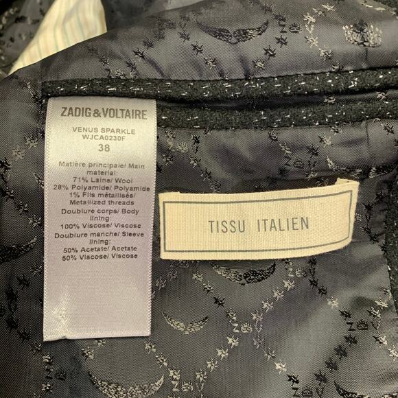 M Venus Sparkle Black Silver Wool Blend Peak Lapel Jacket Blazer - Picture 5 of 6